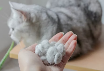 photo d'un chat gris avec ses poils roulés en boule dans la main d'un humain