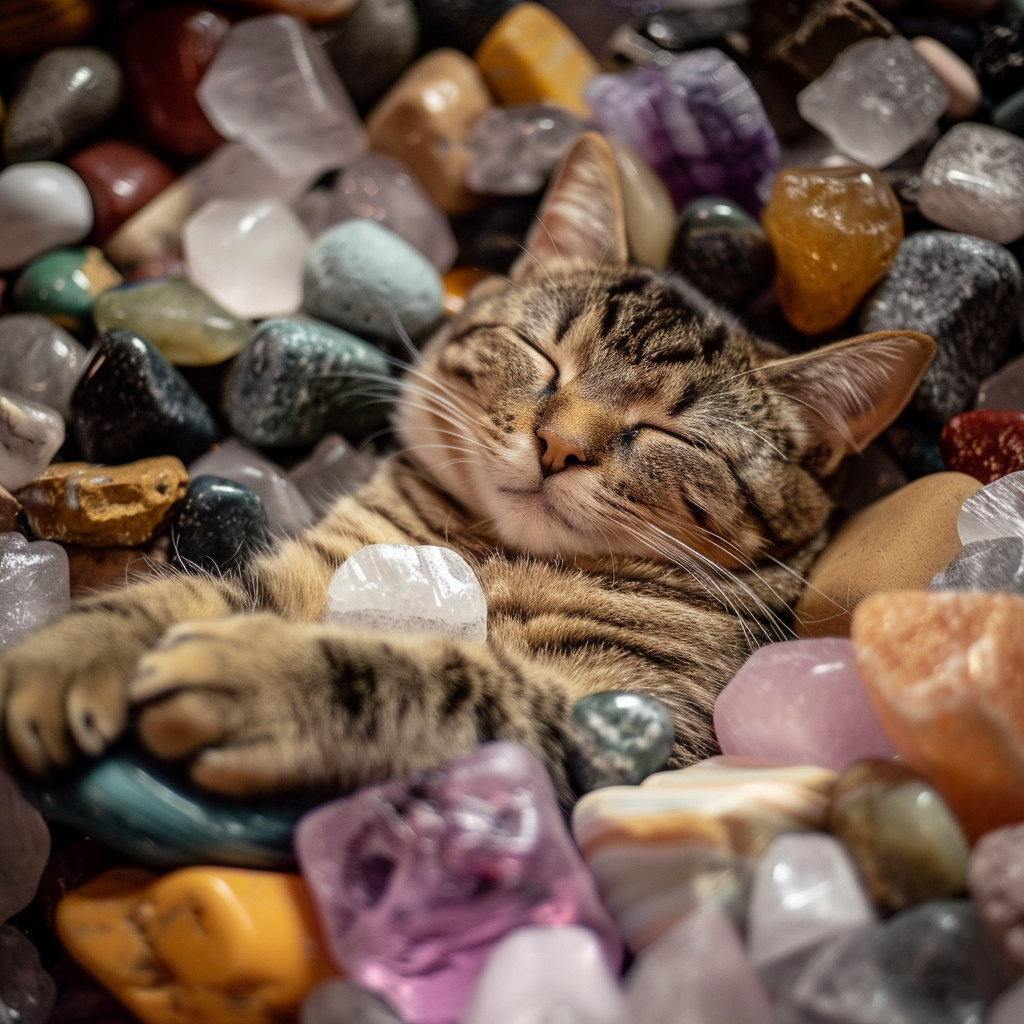 photo d'un chat dormant au milieu de pierres thérapeutique