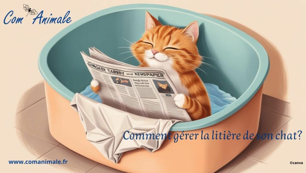 illustration d'un chat roux qui lit un journal dans sa litière