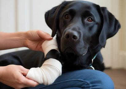 photo d'un chien noir blessé à la patte